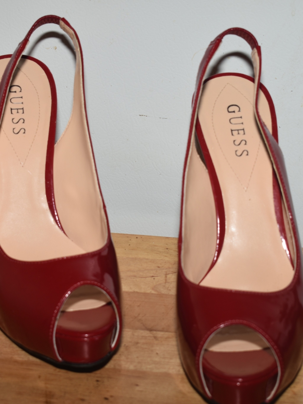 GUESS Women’s Red Patent Peep-Toe Slingback Heels
